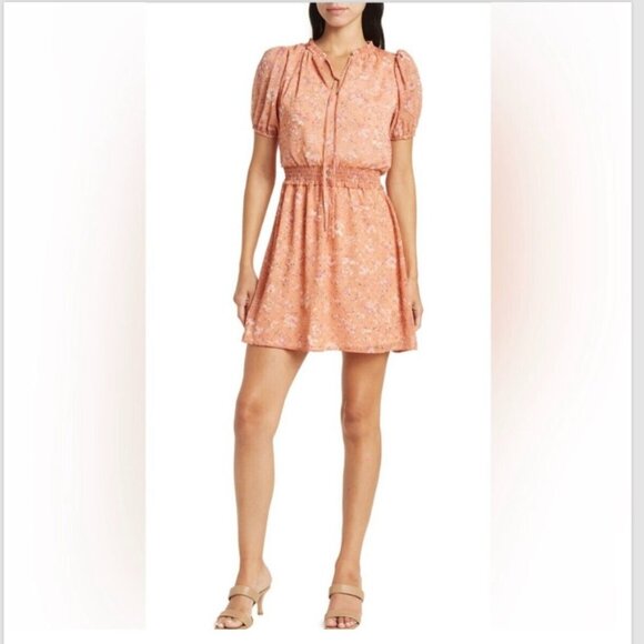 LUSH Women's Chiffon Mini S/S Dress Puff Sleeve Size M - Apricot Ditsy NWT - Picture 2 of 8